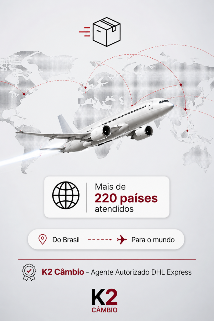Envio internacional do Brasil para mais de 220 países com transporte aéreo rápido e seguro pela K2 Câmbio